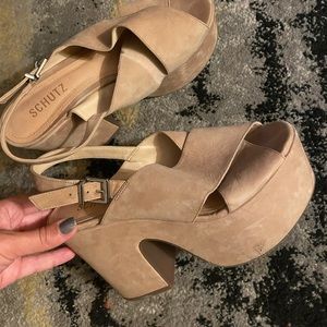 SCHUTZ Chunky Beige Suede 90s Platform Criss Cross Heels